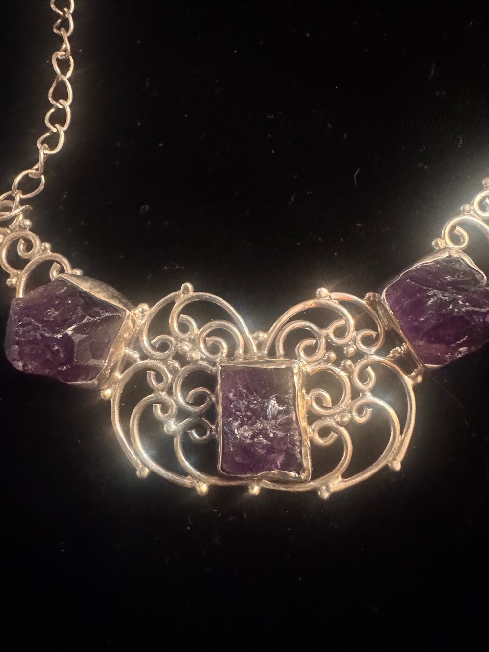Sterling silver  Filigree Necklace with Raw Purple Amethyst Gemstones